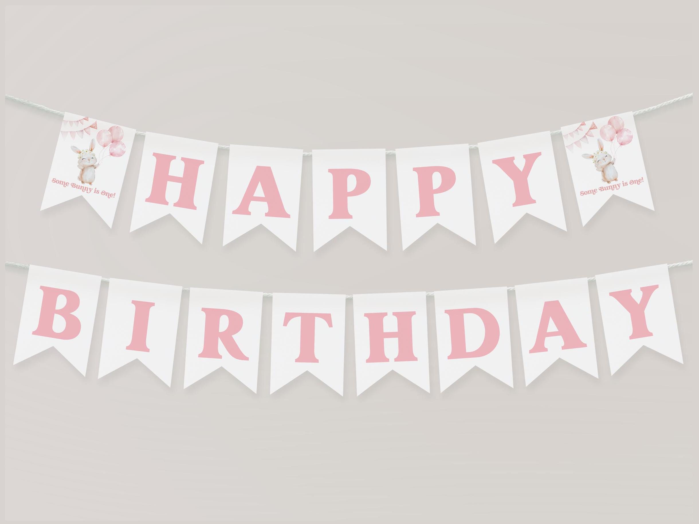 Happy Birthday Banner Mit Kaninchen-Design – Rosa, Aus Stoff, Für 1. Geburtstag & Babypartys (ca. 203 X 34 Cm)