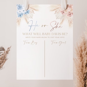 Gender Reveal Voting Board, Boho Gender Reveal, Boho He or She, Pink Blue Pampas Grass, Boho Baby Reveal Party Vote Sign, Boy or Girl, BBS53