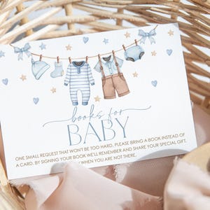 Boeken voor babykaart afdrukbaar, babyshowerboek verzoekkaart, babywaslijn, babyshowerboek voor baby invoegen, jongensbabyshower, BBS119