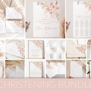 Christening Invitation Bundle, Baptism Invitation Bundle, Pink Boho Christening, Editable Bundle, Girl Boho Baptism, Pink Baptism Decor, BT6