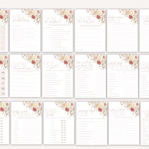 May include: A set of printable baby shower game cards with floral designs. The games include baby bingo, baby predictions, guess the baby food, baby name race, boy or girl, how well do you know the mommy, what did they say, baby superlatives, guess who showered dad, baby word scramble, baby traits, nursery rhyme quiz, who's that guest, and baby trivia.