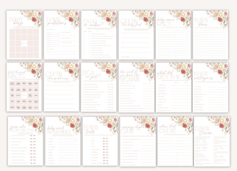 May include: A set of printable baby shower game cards with floral designs. The games include baby bingo, baby predictions, guess the baby food, baby name race, boy or girl, how well do you know the mommy, what did they say, baby superlatives, guess who showered dad, baby word scramble, baby traits, nursery rhyme quiz, who's that guest, and baby trivia.