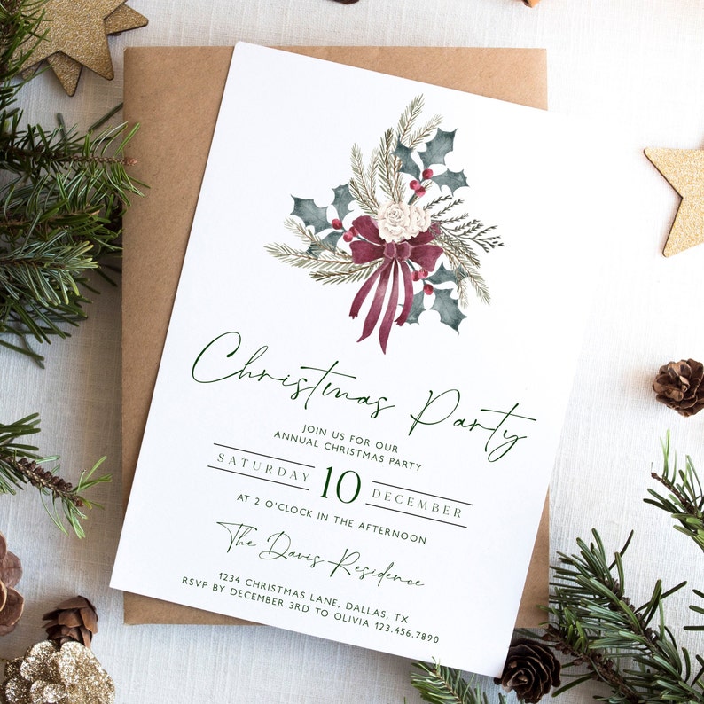 Christmas Party Invitation, Holiday Party Invitation Template, Editable Christmas Invitation, Christmas Holly, Work Holiday Party, CP10 image 6