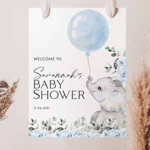 Elephant Baby Shower Welcome Sign, Blue Elephant Baby Shower Welcome Poster, Boy Baby Shower Welcome, Blue Balloon Baby Shower, BBS33