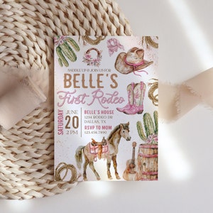 First Rodeo Birthday Invitation Girl, Pink 1st Rodeo Birthday Invite ...