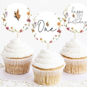 Wildflower Cupcake Toppers, Wildflower Birthday Cupcake Toppers, 1st Birthday Cupcake Toppers, First Birthday Girl, Editable, W1