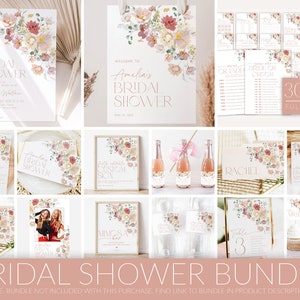 May include: A bridal shower bundle with a floral theme. The bundle includes invitations, games, decorations, and more. The floral design features pink, yellow, and green flowers. The text on the image reads "Bridal Shower Bundle" and "30 Bridal Shower Games Fully Editable".