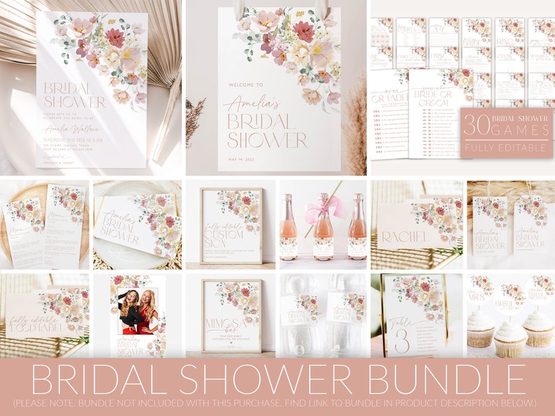 May include: A bridal shower bundle with a floral theme. The bundle includes invitations, games, decorations, and more. The floral design features pink, yellow, and green flowers. The text on the image reads "Bridal Shower Bundle" and "30 Bridal Shower Games Fully Editable".