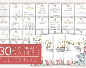 Può includere: Un set di 30 giochi di baby shower stampabili con una simpatica illustrazione di elefante con accenti floreali rosa e verdi. I giochi sono completamente modificabili e includono titoli come "Non dire bambino", "Indovina il cibo per bambini" e "Vecchie leggende".