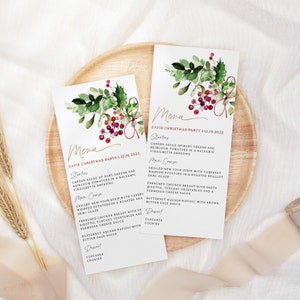 Modello di menu per la cena di Natale, Menu per cena di Natale stampabile, Menu per cena festiva, Menu modificabile, Agrifoglio di Natale, Menu festivo, CP03