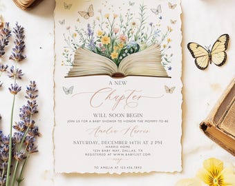A New Chapter Begins Baby Shower Invitation Template, Storybook Baby Shower Invite, Book and Wildflower, Editable Printable Invite, BBS128