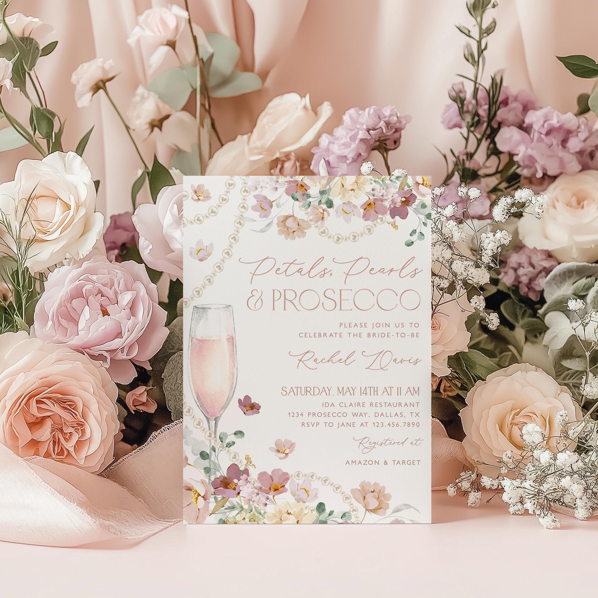 Petals Pearls Prosecco Bridal Shower Invitation, Pink Pastel Petals and  Pearls Bridal Shower Invite, Editable Bridal Shower Template, BS56 - Etsy