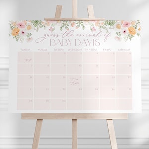 Calendrier floral de baby shower, date de naissance, signe d'arrivée de bébé imprimable, baby shower de bébé en fleurs, signe de date d'échéance de bébé, BBS94