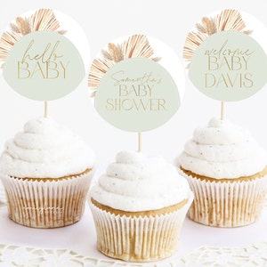 Green Boho Baby Shower Cupcake Toppers, Boho Arch Baby Shower Cupcake Toppers, Boho Shower Cupcake Toppers, Gender Neutral, Editable, GBA