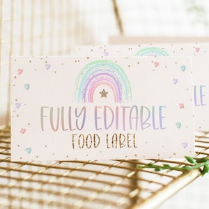 Etiquetas de alimentos editables Pastel Rainbow, tarjeta de etiquetas de alimentos pastel, etiquetas de alimentos del 1er cumpleaños, tarjetas de alimentos plegadas, etiquetas de alimentos en tiendas de campaña, tarjetas de alimentos, BD37