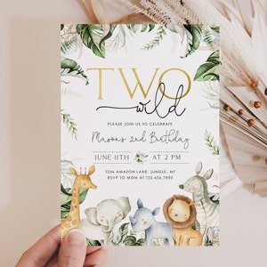 May include: A white invitation card with green foliage and animal illustrations. The text reads "TWO wild" and "Mason's 2nd Birthday". The invitation includes the date, time, address, and RSVP information.