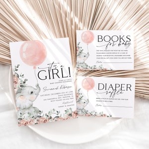 Elephant Girl Baby Shower Invitation Set, Elephant Baby Shower Invite, Girl Baby Shower, Editable Elephant Baby Shower Template, BBS32