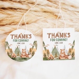 One Happy Camper Favor Tags, Editable Tags, Printable Favor Tags, Camping Bear Favor Tags, Happy Camper Thank You Stickers, Gift Tags, BD88