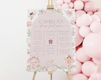 May include: A pink and green illustrated poster with a fairy theme. The poster features a girl's name, Camilla, and details about her first year of life, including her birthdate, weight, height, and favorite things. The poster is decorated with flowers, butterflies, and a fairy.