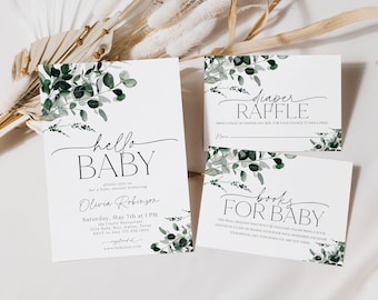Greenery Baby Shower Invitation Set, Eucalyptus Invitation Template, Gender Neutral Baby Shower, Greenery, Printable, Editable Invite, BBS34