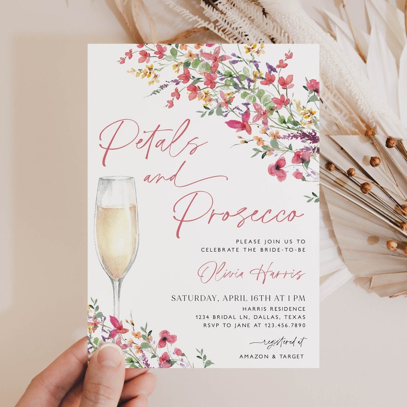 Petals and Prosecco Bridal Shower Invite, Hot Pink Wildflower Bridal Shower Invitation, Pink Petals and Prosecco, Editable Template, BS36 image 2