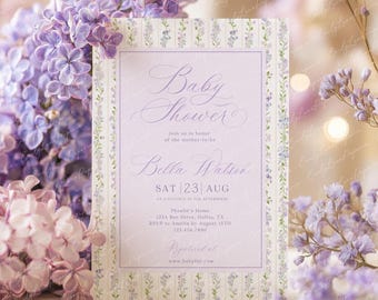 Baby Shower Invitation Template, Lavender Purple Floral Invite, Gender Neutral Baby Shower (Canva Editable)