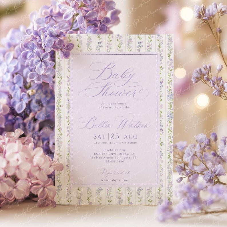 Baby Shower Invitation Template, Lavender Purple Floral Invite, Gender Neutral Baby Shower (Canva Editable) image 1