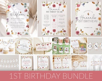 Wildflower Birthday Invitation Bundle, Little Wildflower Birthday Invitation, Girl 1st Birthday, First Birthday Decorations, Wildflower, W1
