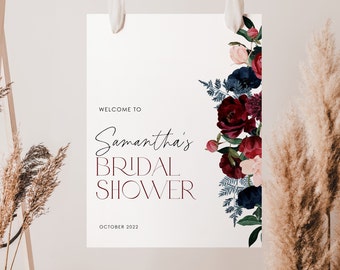 Navy Floral Bridal Shower Welcome Sign Template, Floral Bridal Shower Welcome, Fall Bridal Shower Welcome Sign, Burgundy Bridal Shower, BS23