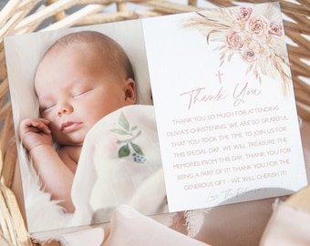 Boho Thank You Card Template, Printable Thank You, Instant Download Thank You Cards, Pink Christening Thank You, Pink Baptism Thank You, BT6