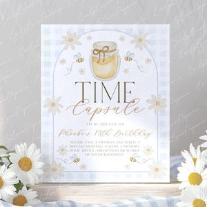 Bee 1st Birthday Time Capsule Sign, Blue 1st Birthday Time Capsule Sign, Time Capsule Template, Honey Bee 1st Birthday, Blue Gingham, BD149