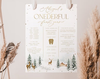 May include: A white poster with gold text and illustrations celebrating a baby's first year. The poster features a winter scene with a cabin, trees, and deer. The text includes the baby's name, Abigail, and details about their first year, such as their birth date, weight, height, and favorite things.