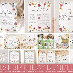 K&ouml;nnte beinhalten: Ein Set mit druckbaren Dekorationen f&uuml;r eine erste Geburtstagsparty mit einem Aquarell-Blumenmuster im Wildblumen-Stil. Das Set beinhaltet Einladungen, Etiketten f&uuml;r Lebensmittel, eine Girlande, Cupcake-Topper, ein Schild, eine Dankeskarte und vieles mehr. Die Farben sind rosa, gelb, gr&uuml;n und wei&szlig;.