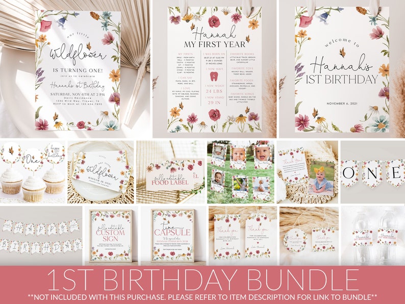 K&ouml;nnte beinhalten: Ein Set mit druckbaren Dekorationen f&uuml;r eine erste Geburtstagsparty mit einem Aquarell-Blumenmuster im Wildblumen-Stil. Das Set beinhaltet Einladungen, Etiketten f&uuml;r Lebensmittel, eine Girlande, Cupcake-Topper, ein Schild, eine Dankeskarte und vieles mehr. Die Farben sind rosa, gelb, gr&uuml;n und wei&szlig;.
