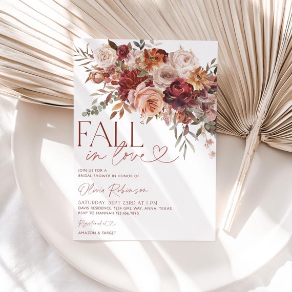 Fall in Love Bridal Shower Invitation, Fall Bridal Shower Invite, Maroon Floral Bridal Shower, Editable Bridal Shower, Fall Floral, BS63
