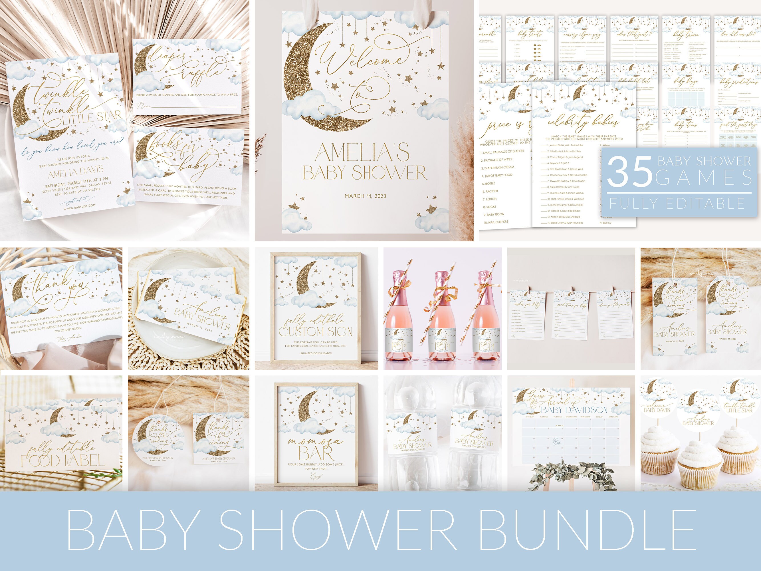 Twinkle Twinkle Star Baby Shower Invitation Bundle Blue Moon Stars Baby Shower Invite Boy Baby Shower Editable Baby Shower