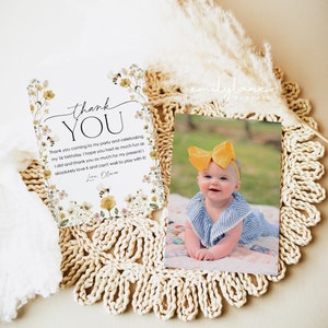 Tarjeta de agradecimiento de cumpleaños de abeja, primer día de abeja gracias, niña 1er cumpleaños, cumpleaños de abeja, gracias de abeja, cumpleaños del día de abeja, 1er día de abeja, BD15