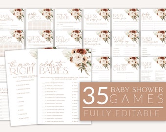 Boho Floral Baby Shower Games, Baby Shower Editable Games, Printable Games, Baby Games Pack, Gender Neutral Boho Baby Shower, BBS14