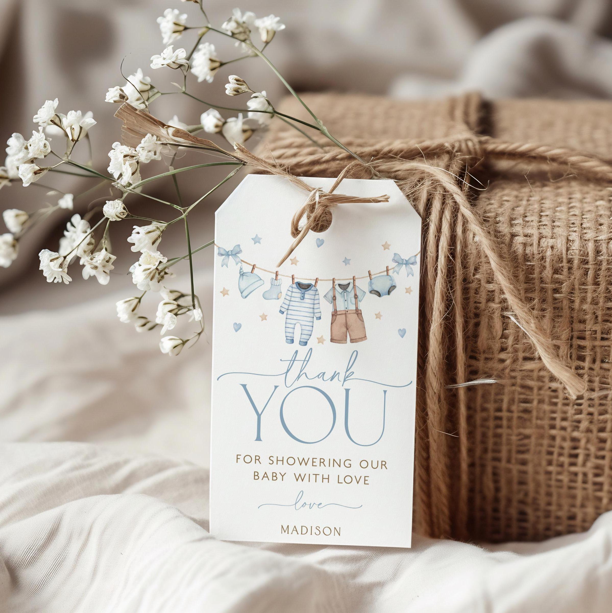 50 Stück Baby Shower Danke-Anhänger "Thank You For Showering Our Baby With Love" – Wasserfarben-Design, Blau
