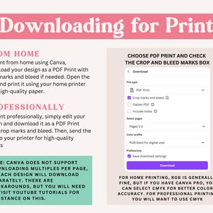 May include: A pink and white graphic with instructions on downloading a design for print. The text includes steps for printing at home and professionally, with a checklist for PDF settings. The word "Download" is in a purple button.