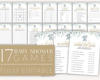 Può includere: Una collezione di 17 giochi per baby shower a tema elefante. I giochi sono stampati su biglietti bianchi con testo dorato e illustrazioni ad acquerello di eucalipto ed elefanti. Sono presenti anche le parole "Baby Shower Games" e "Fully Editable".