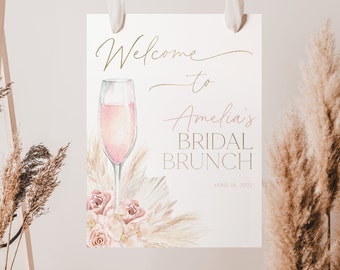 Boho Bridal Shower Welcome Sign, Printable Bridal Brunch Welcome Sign, Editable Welcome Sign, Brunch and Bubbly, Pampas Bridal Shower, BS14