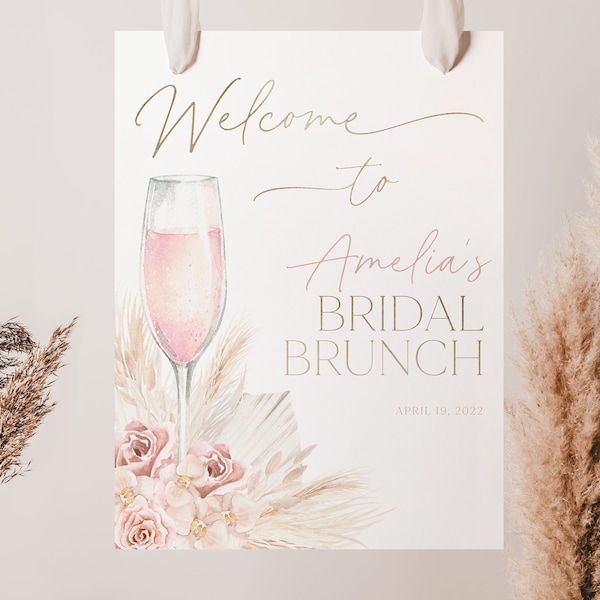 Boho Bridal Shower Welcome Sign, Printable Bridal Brunch Welcome Sign, Editable Welcome Sign, Brunch and Bubbly, Pampas Bridal Shower, BS14