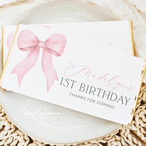 Pink Bow Chocolate Wrapper Printable, Candy Bar Wrapper Template, Chocolate Bar Label, Pink Coquette Bow 1st Birthday Favor Chocolate, BD126