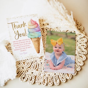 Rainbow Ice Cream Birthday Thank You Card, Ice Cream Thank you, Here&#39;s the Scoop Birthday, Rainbow Thank You Note, Ice Cream Party, BD49