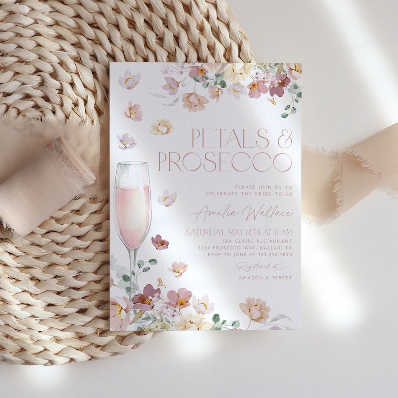 Petals and Prosecco Bridal Shower Invitation, Pink Pastel Petals and Prosecco Bridal Shower Invite, Editable Bridal Shower Template, BS28 image 2