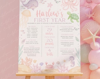 Oneder the Sea 1st Birthday Milestone Board: Pink Purple Ocean Animals (Canva Template Digital Download)