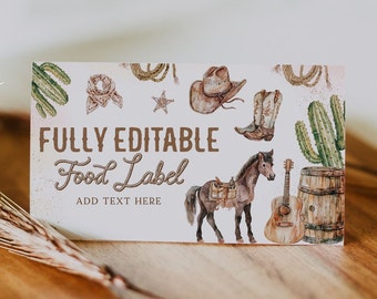 May include: Editable food label template with a western theme. The label features a brown horse, cowboy hat, boots, cactus, and guitar. The text on the label reads "FULLY EDITABLE Food Label ADD TEXT HERE".