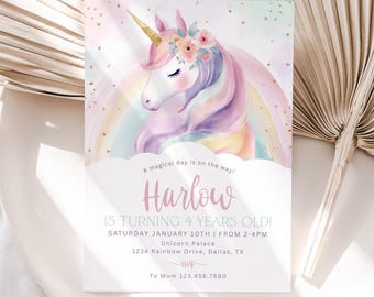 May include: A pastel-colored unicorn birthday invitation. The invitation features a unicorn with a golden horn, floral crown, and a rainbow. The text reads "Harlow is turning 4 years old!" with event details.