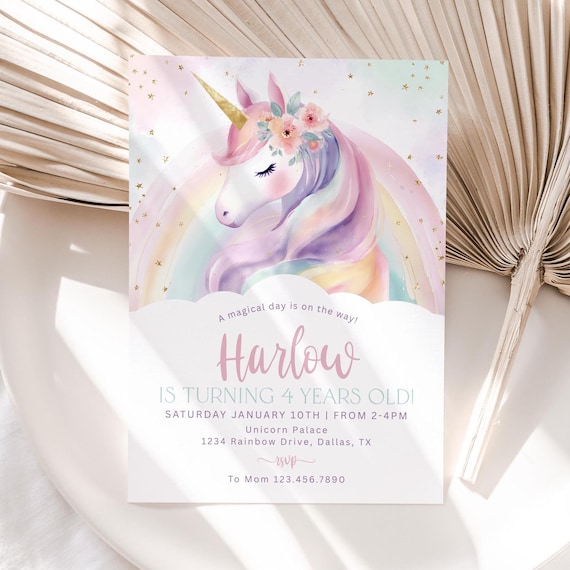 Unicorn Birthday Invitation Template, Rainbow Unicorn Invite Printable, Pastel (Editable Canva)